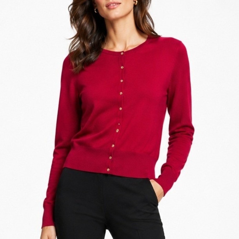 White House Black Market Red Crew Neck Button Front Cardigan Gold Buttons Medium